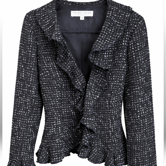 Trina Turk Jackets & Blazers - Trina Turk Black White Chic Classic Ruffled Tweed Blazer Jacket Sz 4